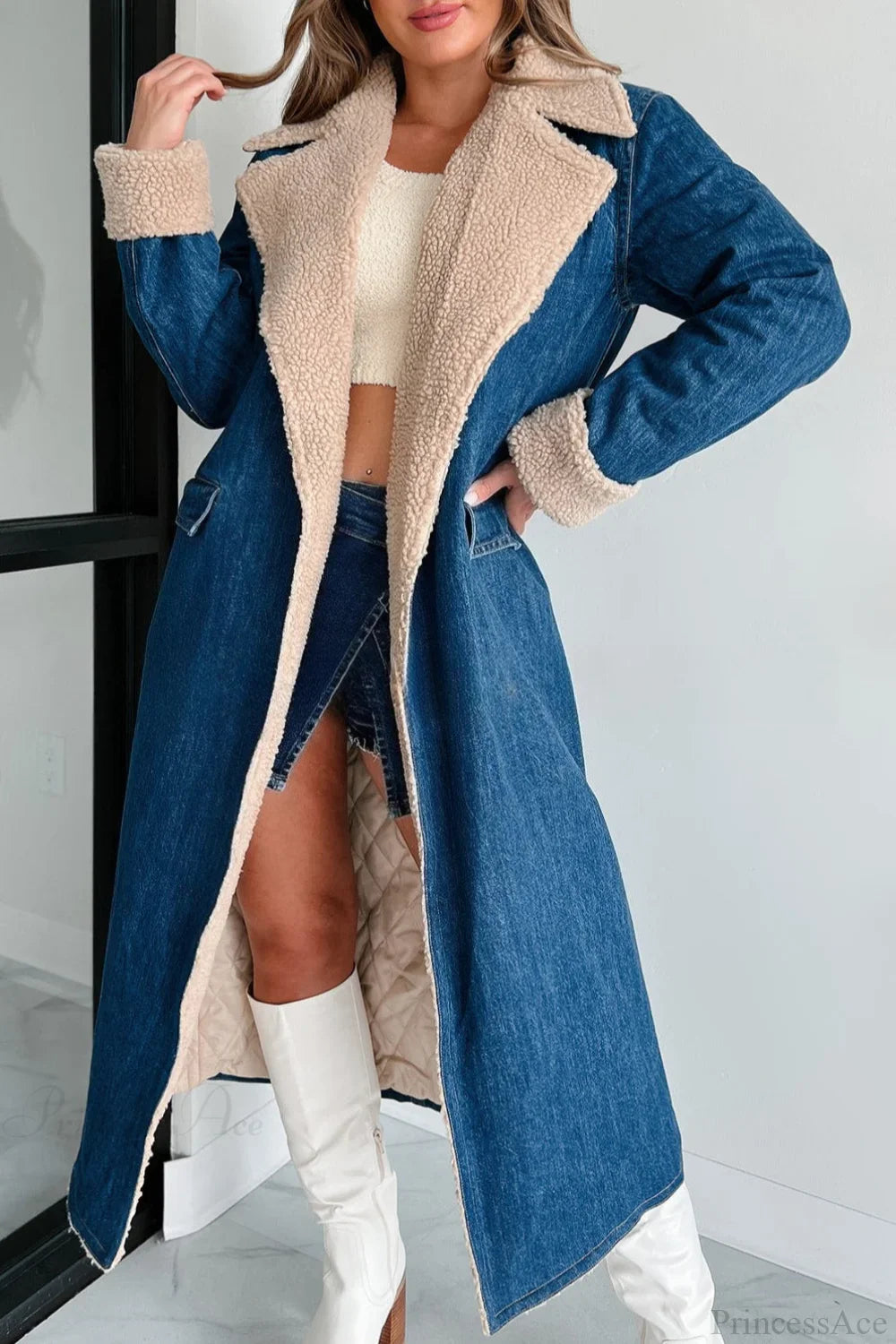 Elegant Sherpa Tie Waist Dual Pockets Denim Overcoat