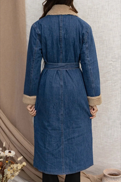 Elegant Sherpa Tie Waist Dual Pockets Denim Overcoat