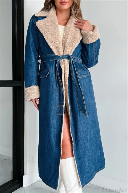 Elegant Sherpa Tie Waist Dual Pockets Denim Overcoat