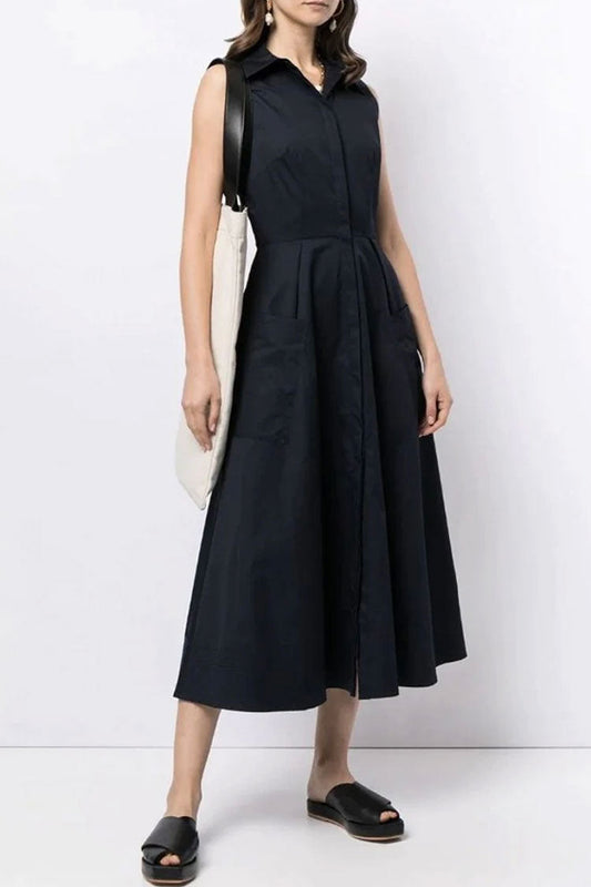 Sleeveless Collar Button-Front Cargo Pocket Skater Midi Dress