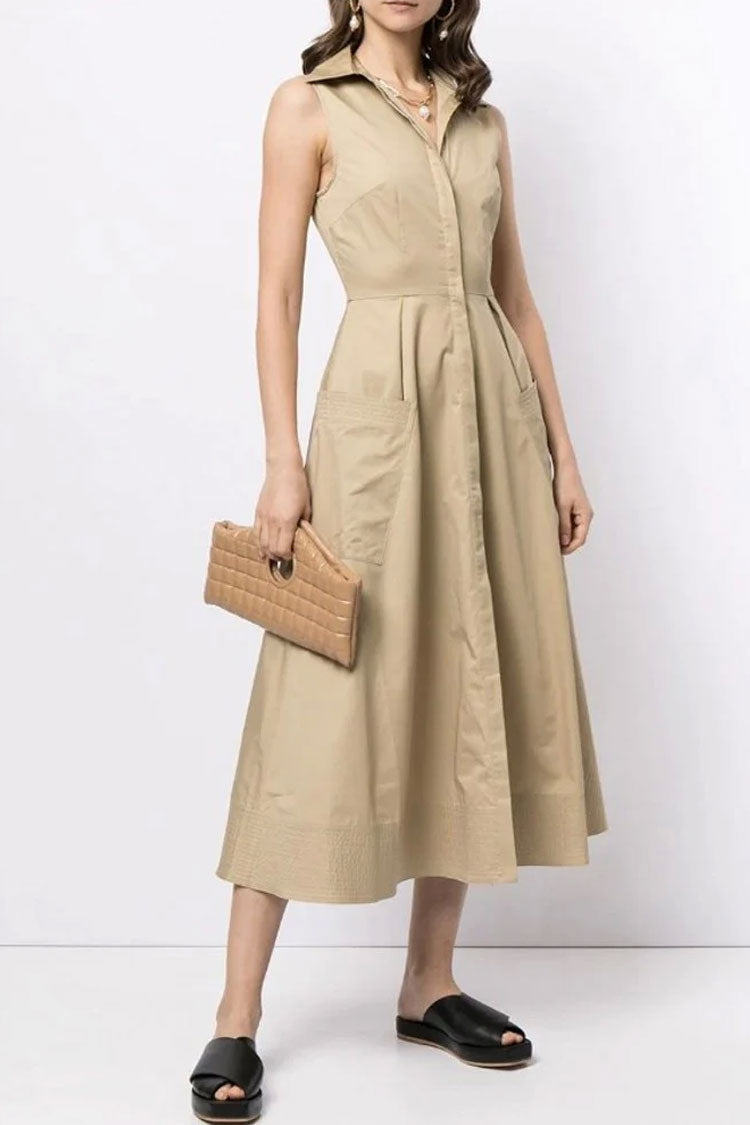 Sleeveless Collar Button-Front Cargo Pocket Skater Midi Dress