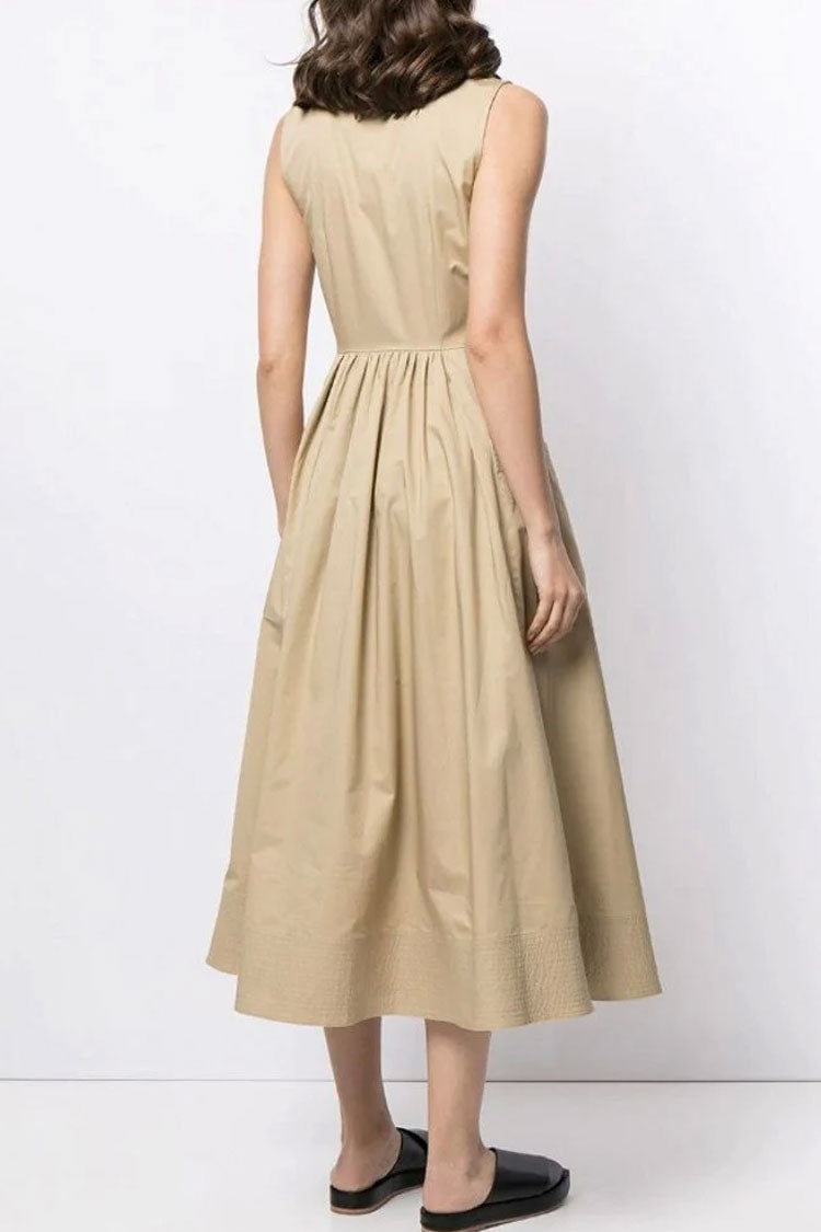 Sleeveless Collar Button-Front Cargo Pocket Skater Midi Dress
