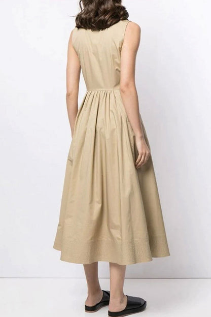 Sleeveless Collar Button-Front Cargo Pocket Skater Midi Dress