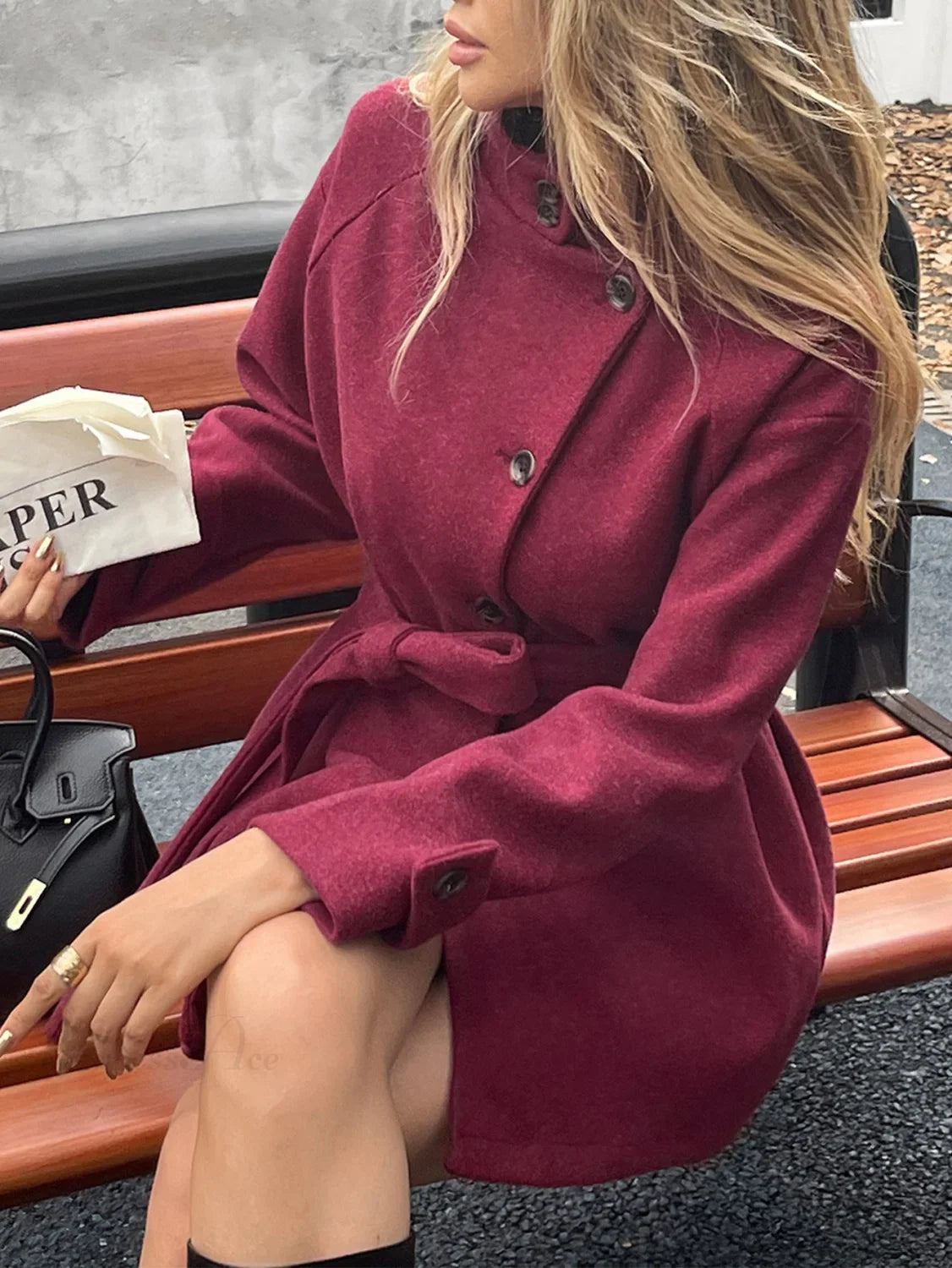 Elegant Solid Color Belted Wool Blend Coat