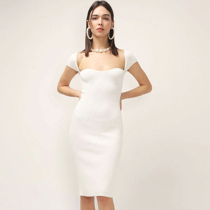 Ribbed Knit Sweetheart Cap Sleeve Bodycon Midi Dress