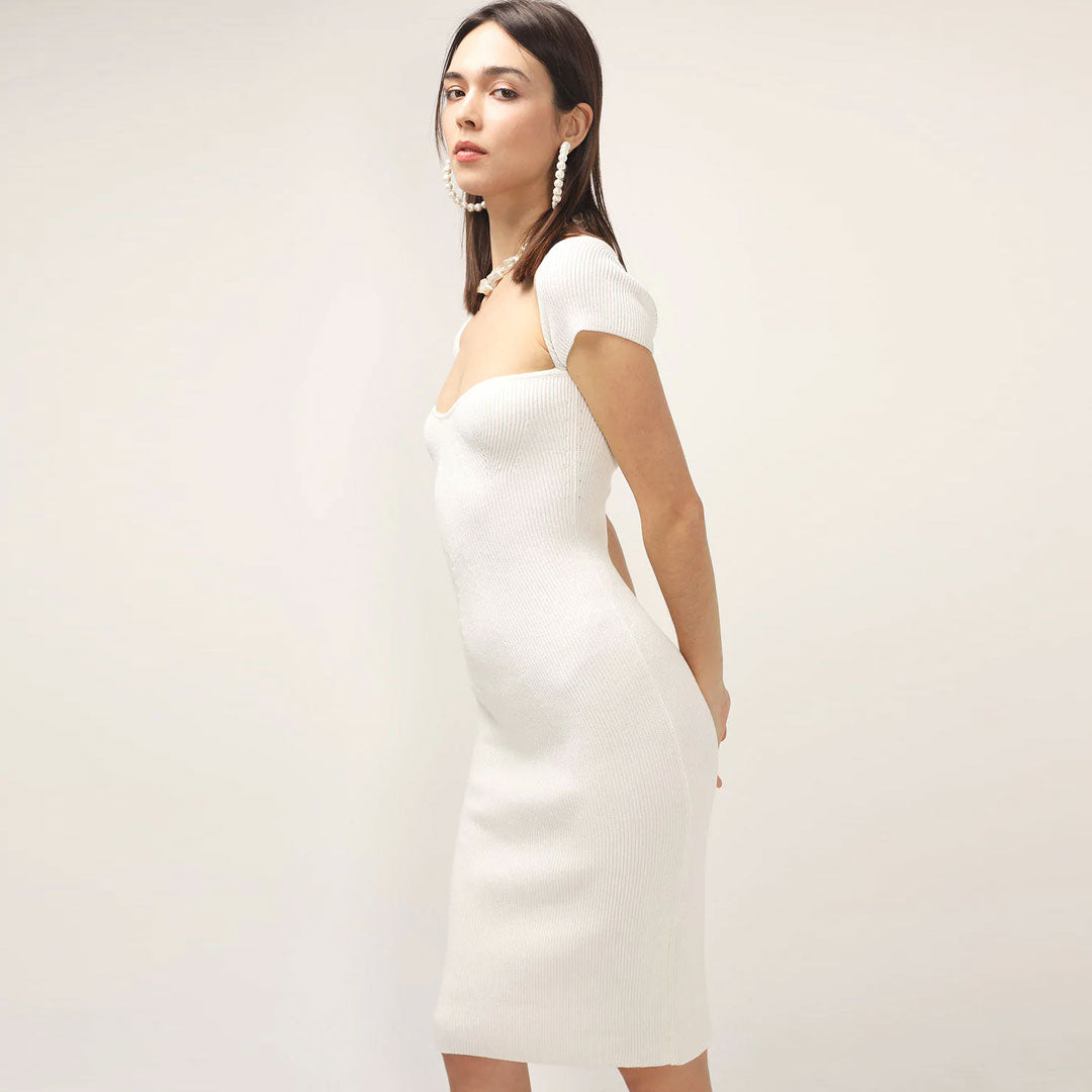 Ribbed Knit Sweetheart Cap Sleeve Bodycon Midi Dress