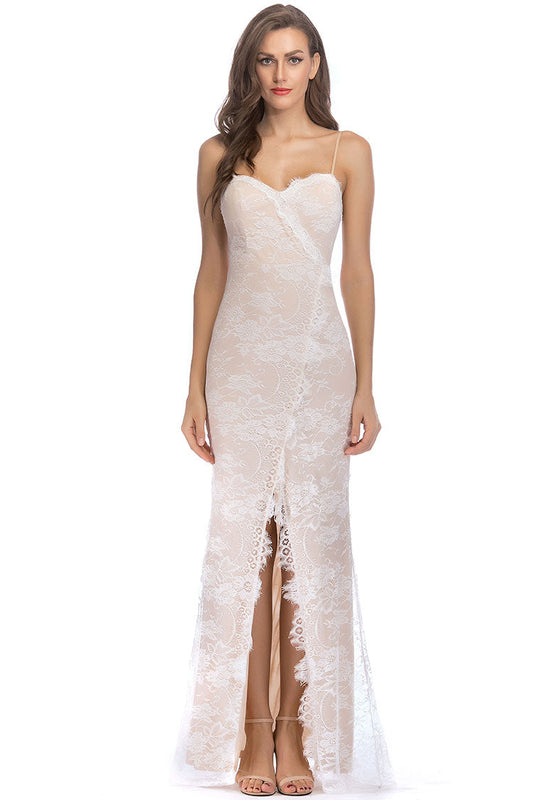 Lace Sweetheart Spaghetti Strap Wrap Bodice High Split Eyelash Trim Maxi Gown