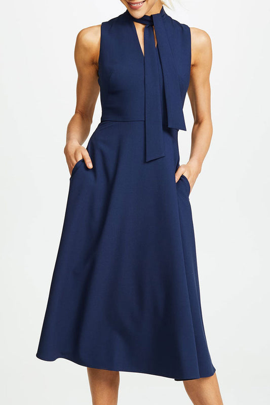 Tie Neck Sleeveless Fit and Flare Pocket Midi Dress
