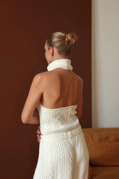 Elegant V-Neck Cable Knit Top Tank Pants Three Piece Set