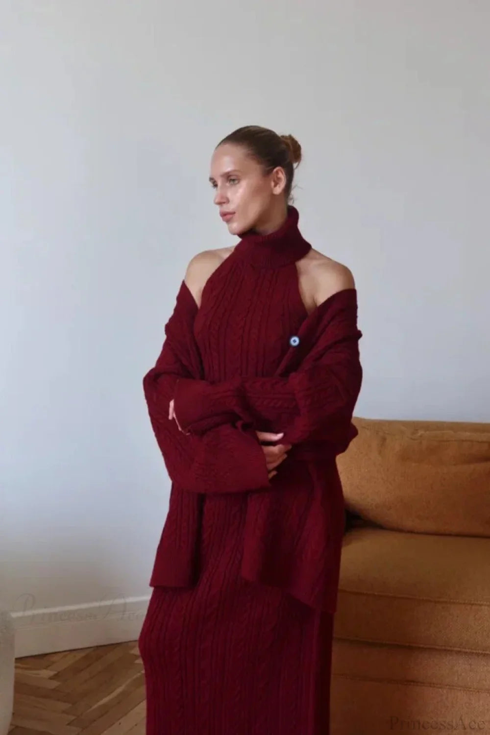 Elegant V-Neck Cable Knit Top Tank Pants Three Piece Set