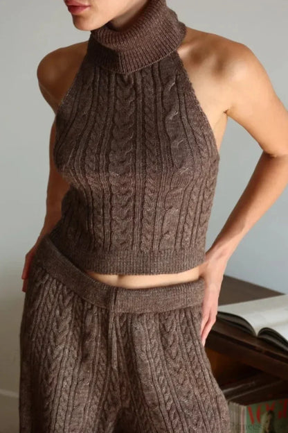 Elegant V-Neck Cable Knit Top Tank Pants Three Piece Set