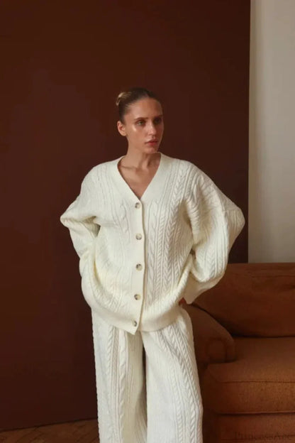 Elegant V-Neck Cable Knit Top Tank Pants Three Piece Set