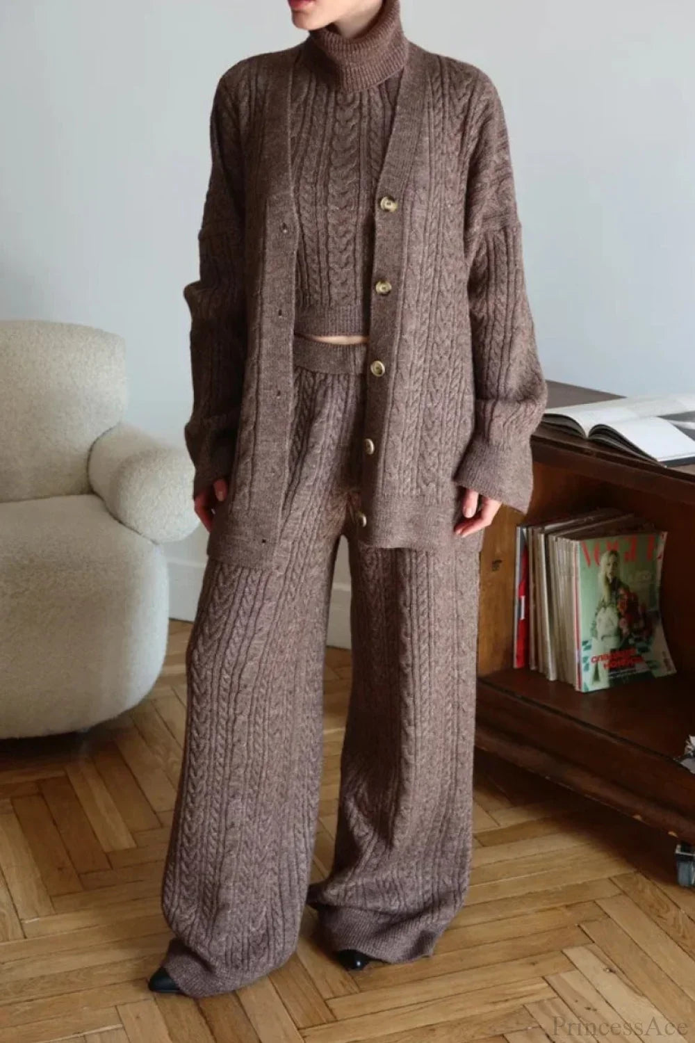 Elegant V-Neck Cable Knit Top Tank Pants Three Piece Set