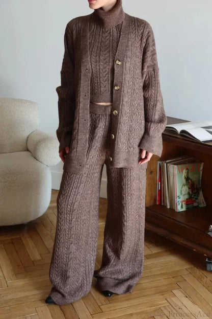 Elegant V-Neck Cable Knit Top Tank Pants Three Piece Set