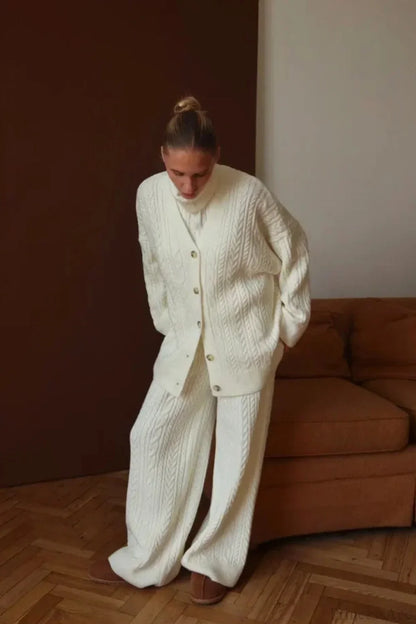 Elegant V-Neck Cable Knit Top Tank Pants Three Piece Set