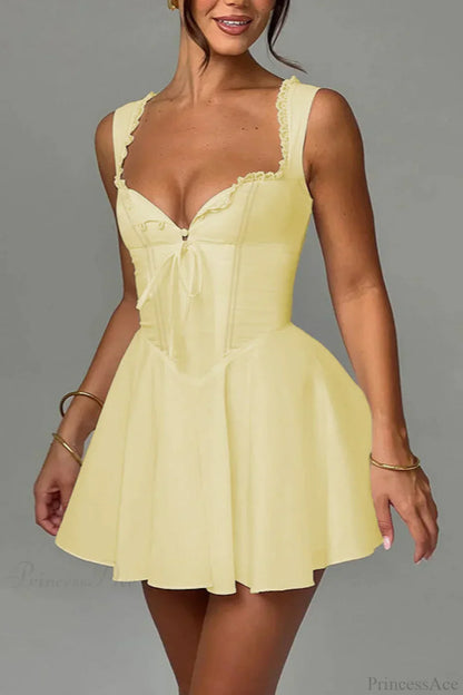 Sweetheart Bow Front Ruffled Trim Corset Bodice Flared Mini Dress