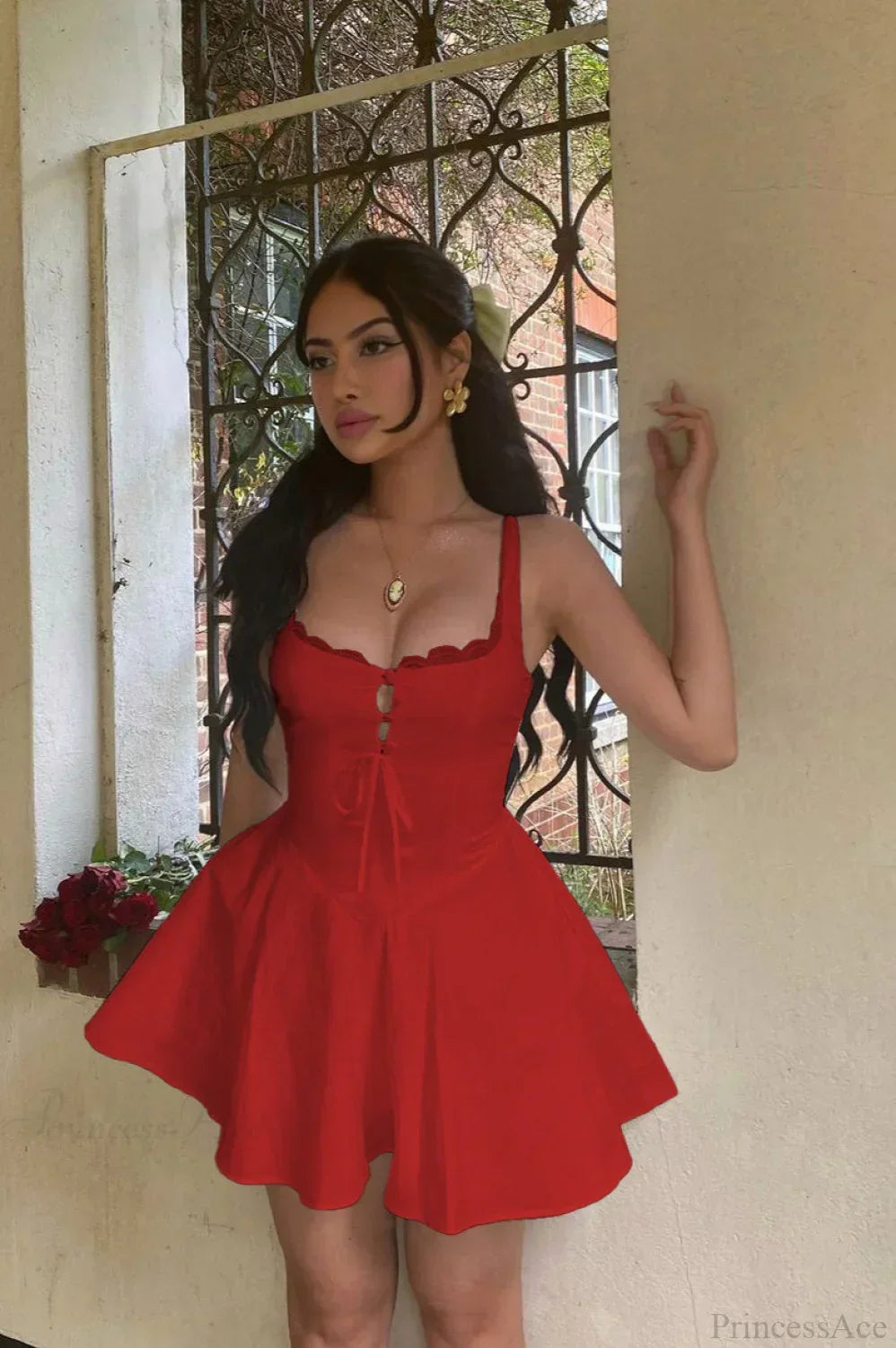 Sweetheart Bow Front Ruffled Trim Corset Bodice Flared Mini Dress