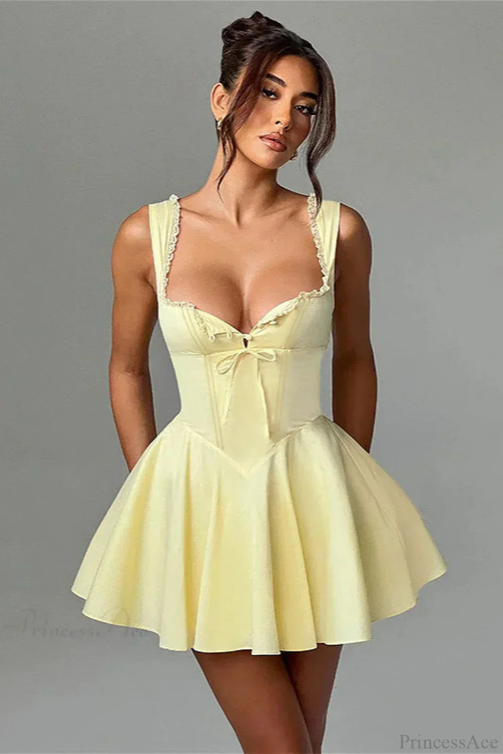 Sweetheart Bow Front Ruffled Trim Corset Bodice Flared Mini Dress