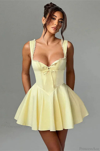 Sweetheart Bow Front Ruffled Trim Corset Bodice Flared Mini Dress