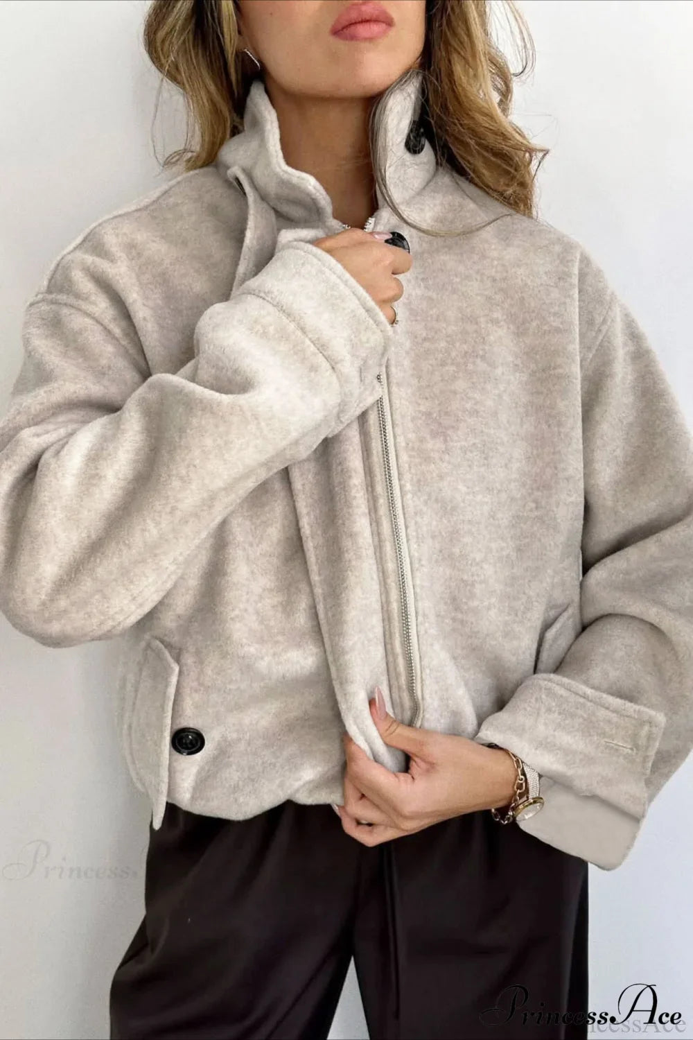 Elegant Wool Zip Short Loose Coat