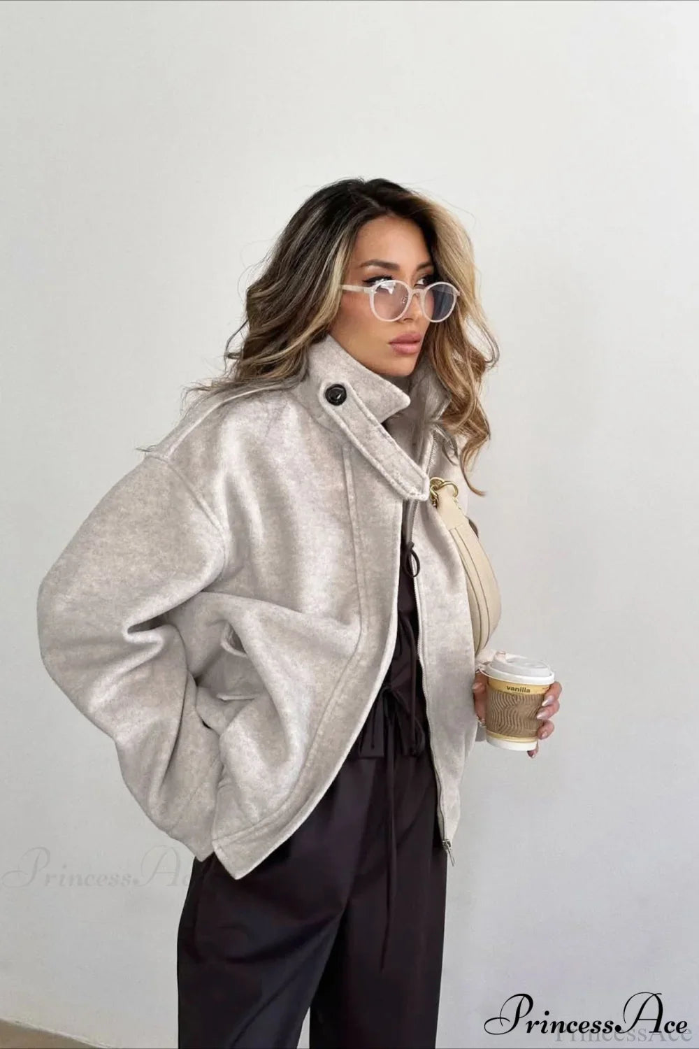 Elegant Wool Zip Short Loose Coat