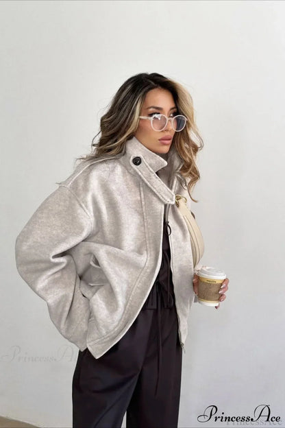 Elegant Wool Zip Short Loose Coat
