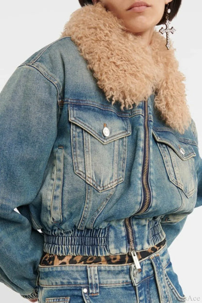 Elegant Zip Short Fur Collar Quilted Denim Jacket