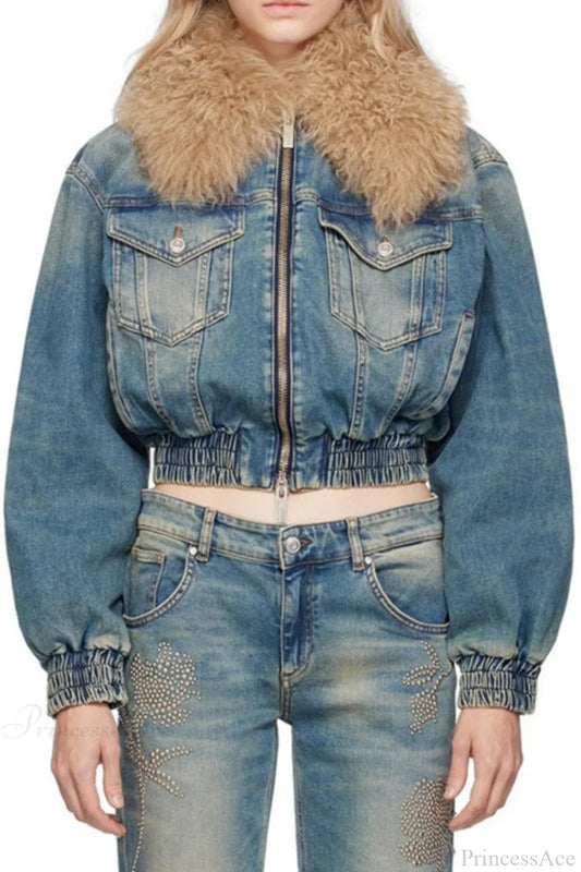Elegant Zip Short Fur Collar Quilted Denim Jacket