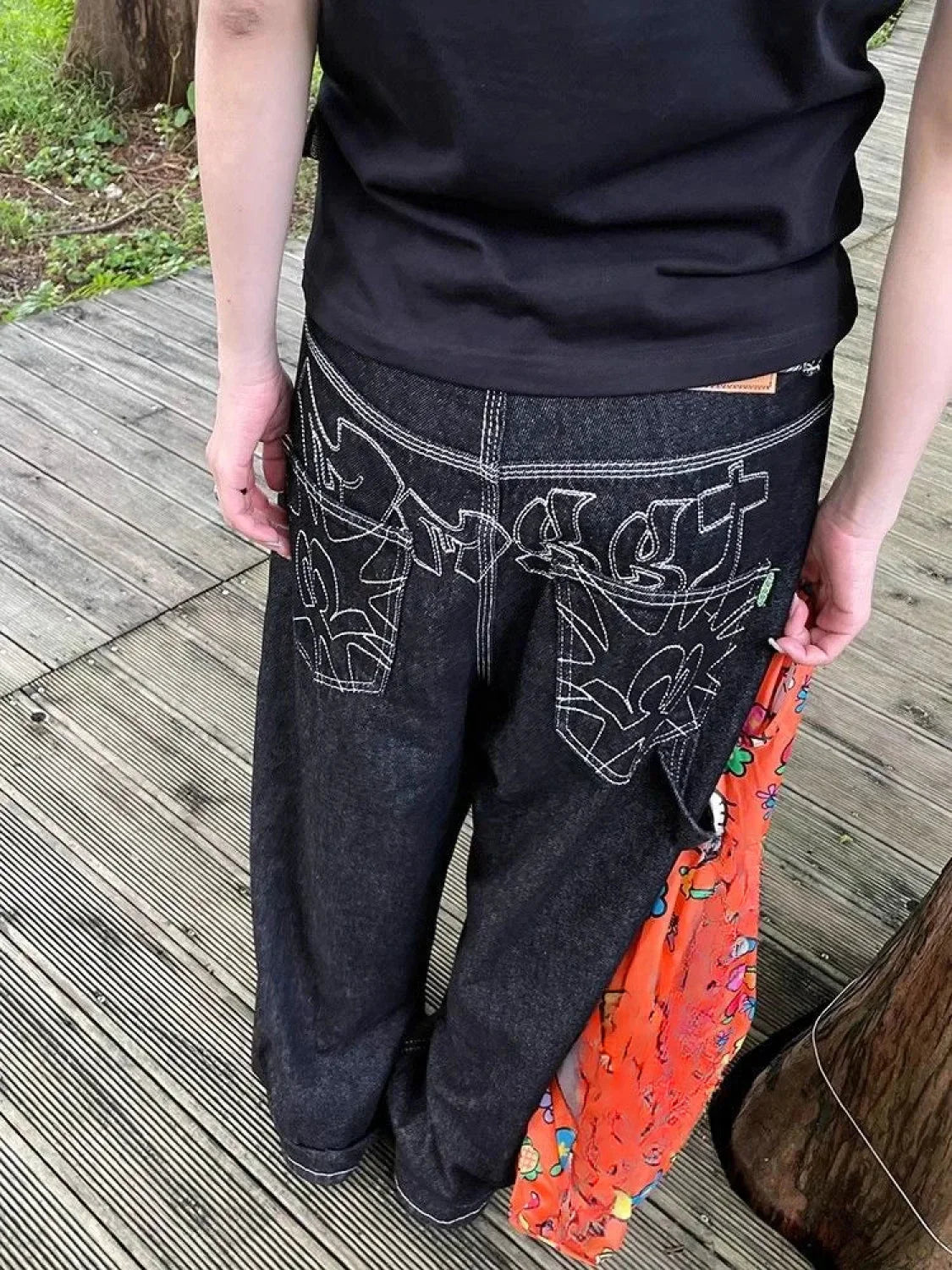 Embroidery Gothic Tall Waist Denim Pant