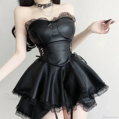 Sweetheart Lace Trim Faux Leather Corset Lace Up Tiered Lace Hem Mini Dress