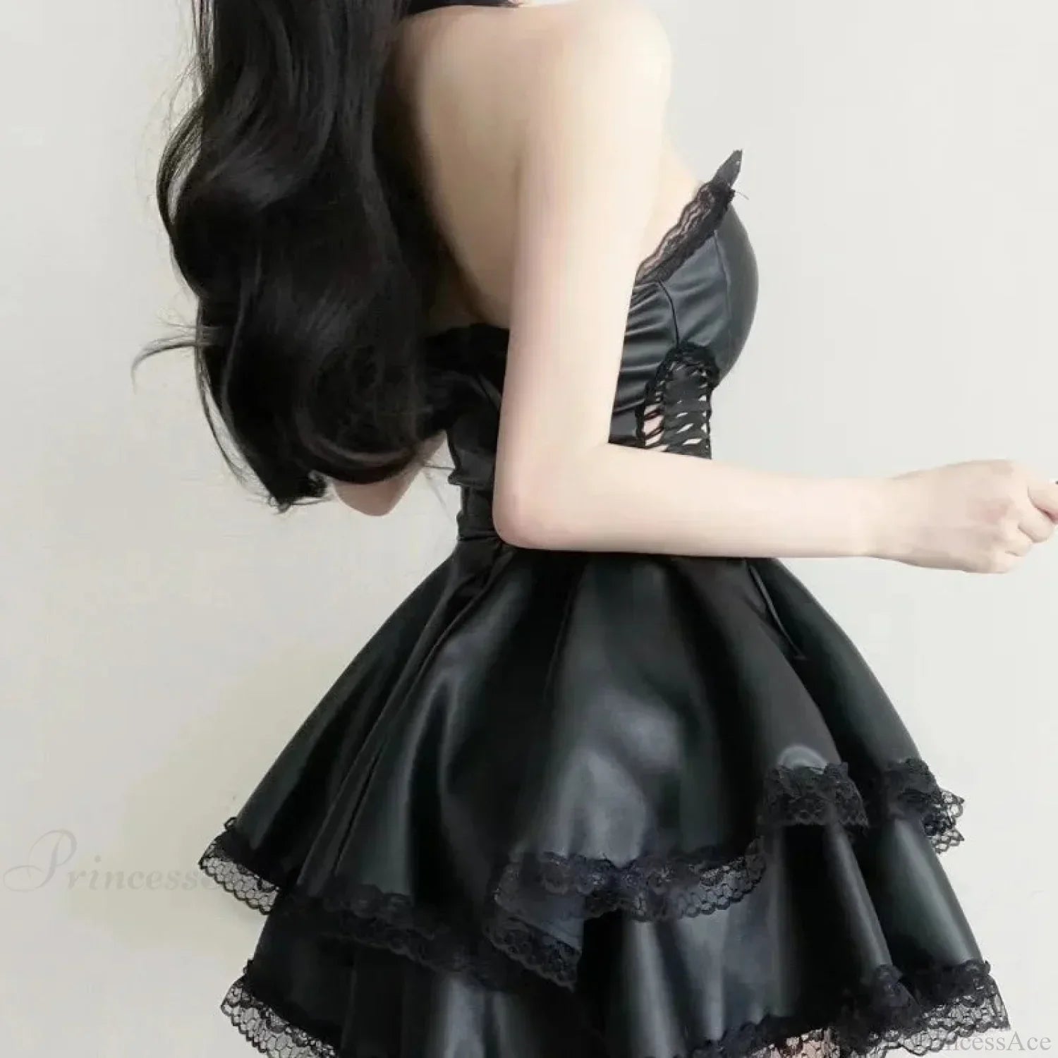 Sweetheart Lace Trim Faux Leather Corset Lace Up Tiered Lace Hem Mini Dress