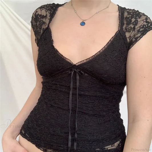 Enchantingcore Edgy V Neck Lace Crop Top