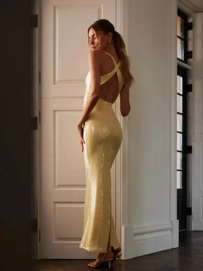 Applique Rose Sequin  Backless Maxi Dress