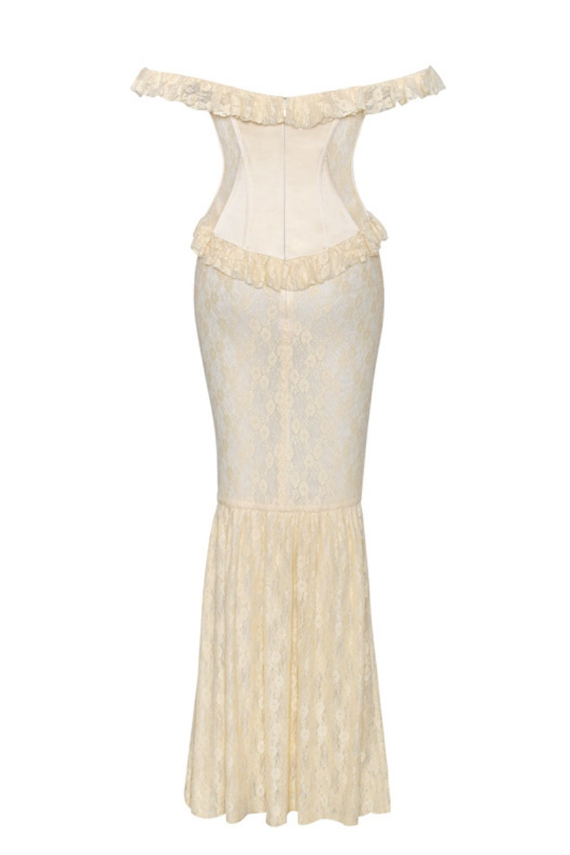 Satin Lace Peplum Corset Off Shoulder Maxi Dress