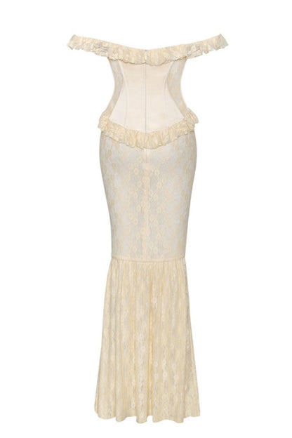 Satin Lace Peplum Corset Off Shoulder Maxi Dress