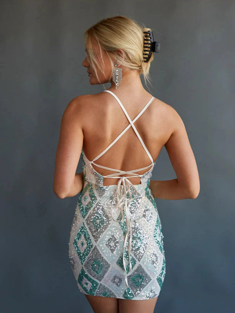Lace-up Sequins Short Bodycon Dress