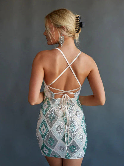 Lace-up Sequins Short Bodycon Dress