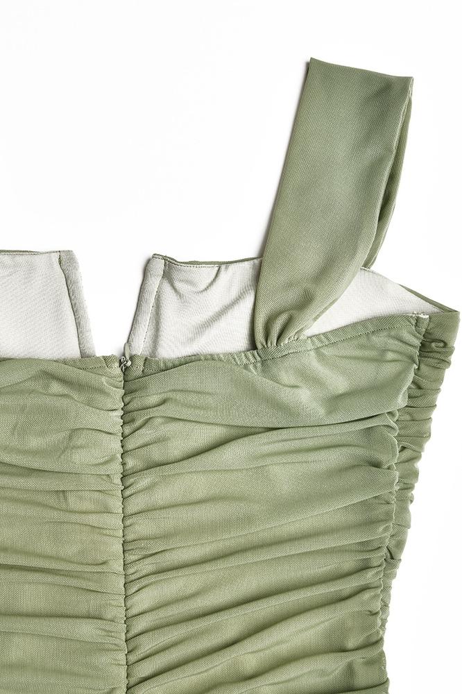 Ethel Gathered Flare Mesh Midi Dress