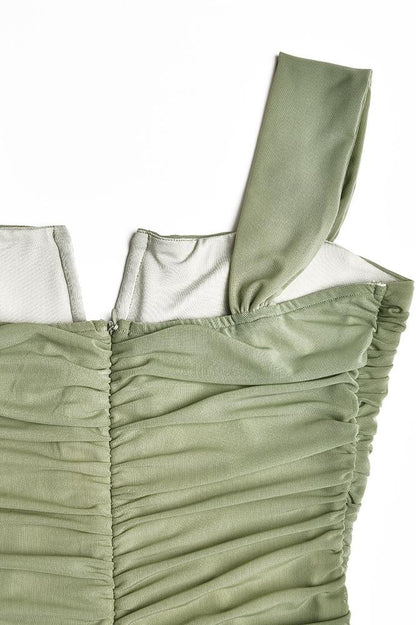 Ethel Gathered Flare Mesh Midi Dress