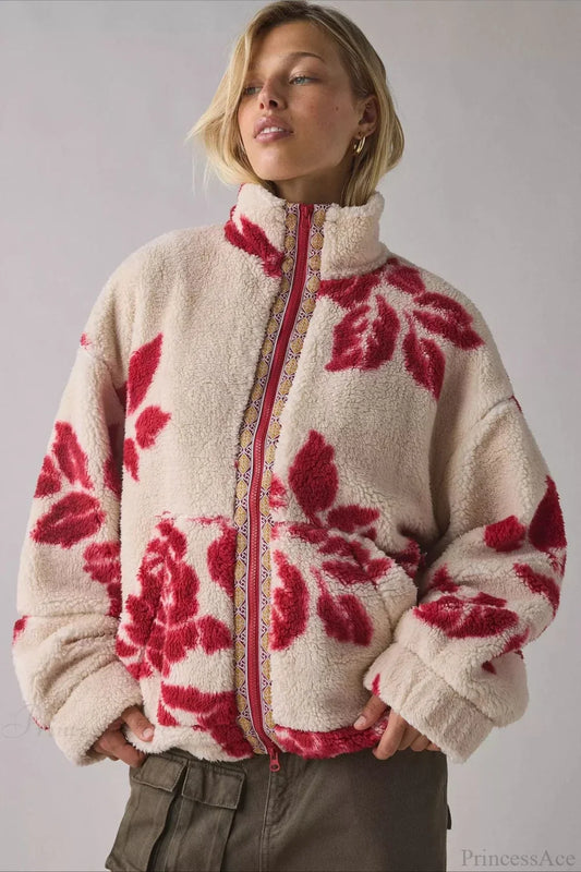 Ethnic Fleece Stand Collar Zipper Coat