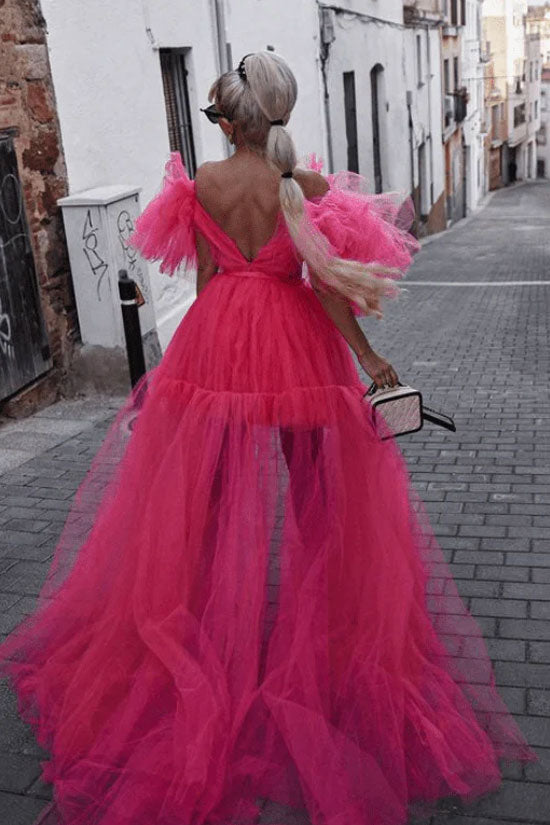 Off-Shoulder Deep V-Neck Exaggerated Ruffle Tiered Tulle High-Low Maxi Dress