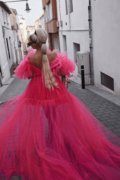 Off-Shoulder Deep V-Neck Exaggerated Ruffle Tiered Tulle High-Low Maxi Dress