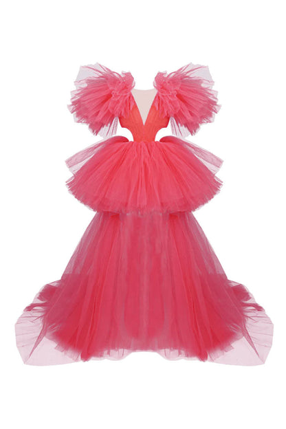 Off-Shoulder Deep V-Neck Exaggerated Ruffle Tiered Tulle High-Low Maxi Dress
