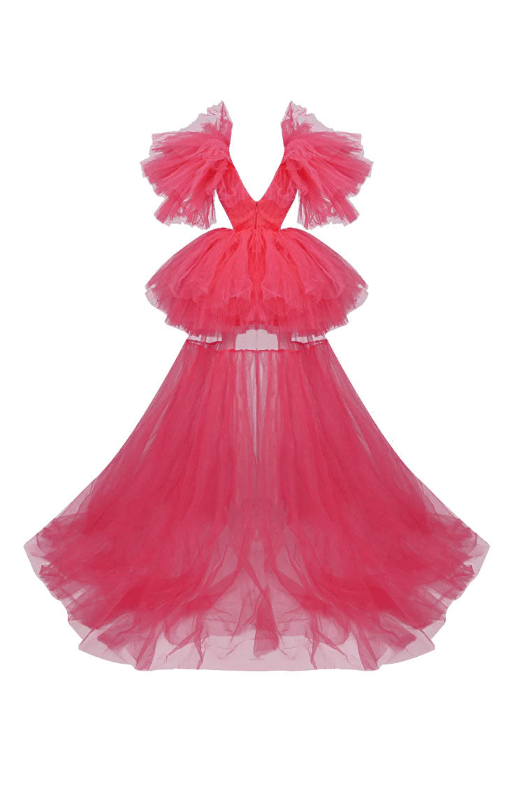 Off-Shoulder Deep V-Neck Exaggerated Ruffle Tiered Tulle High-Low Maxi Dress