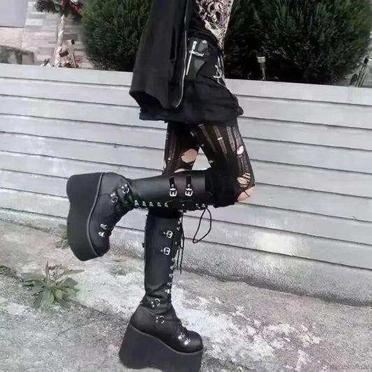 Extreme Tall Platform Gothic Tie-up Motorcycle Boot