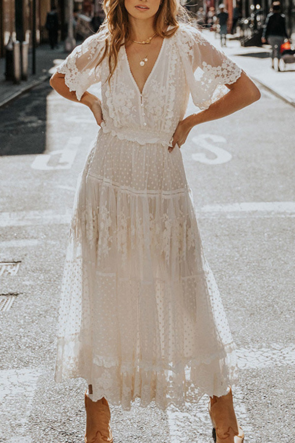 v neck short sleeve lace dress