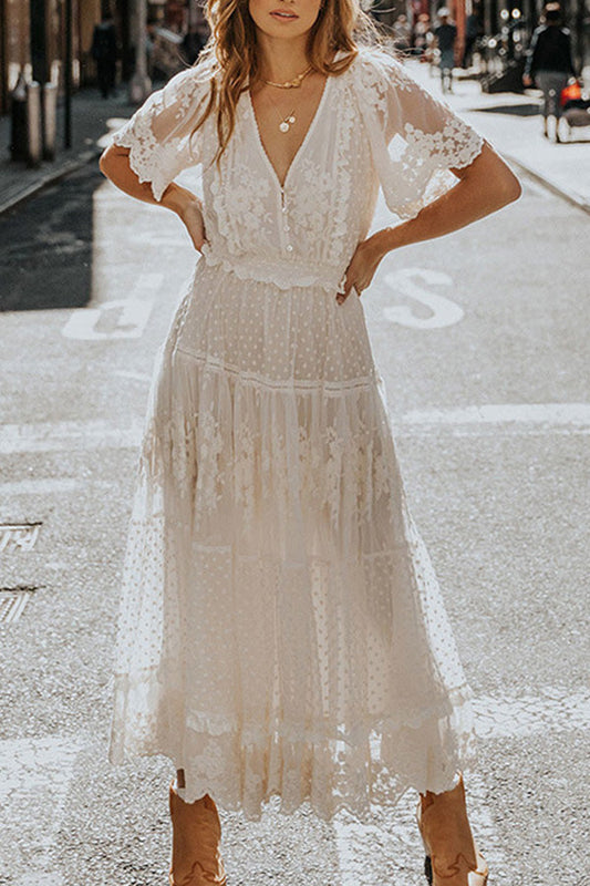 v neck short sleeve lace dress