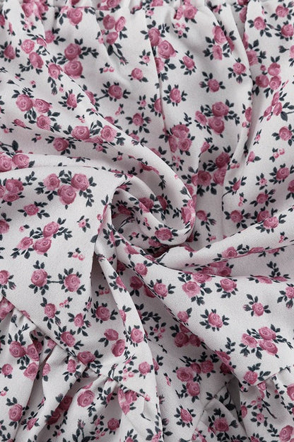 Long Sleeve Floral Collar Flip Shirt Ruffled Shorts Two Piece Set