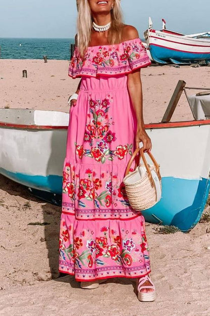 Off-shoulder printed long swing dress