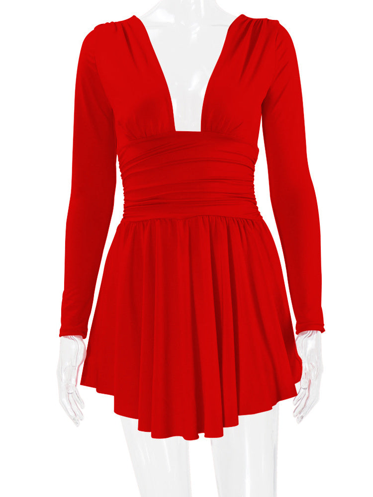 Fit And Flare Dress Plunge Long Sleeves Short Swing Dresses In Solid Color